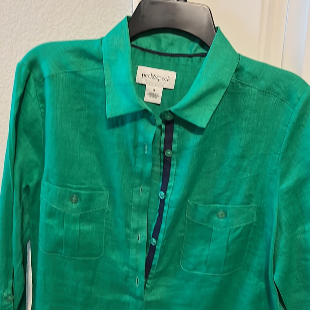 Peck&Peck emerald green long sleeve linen shirt - Picture 3 of 3